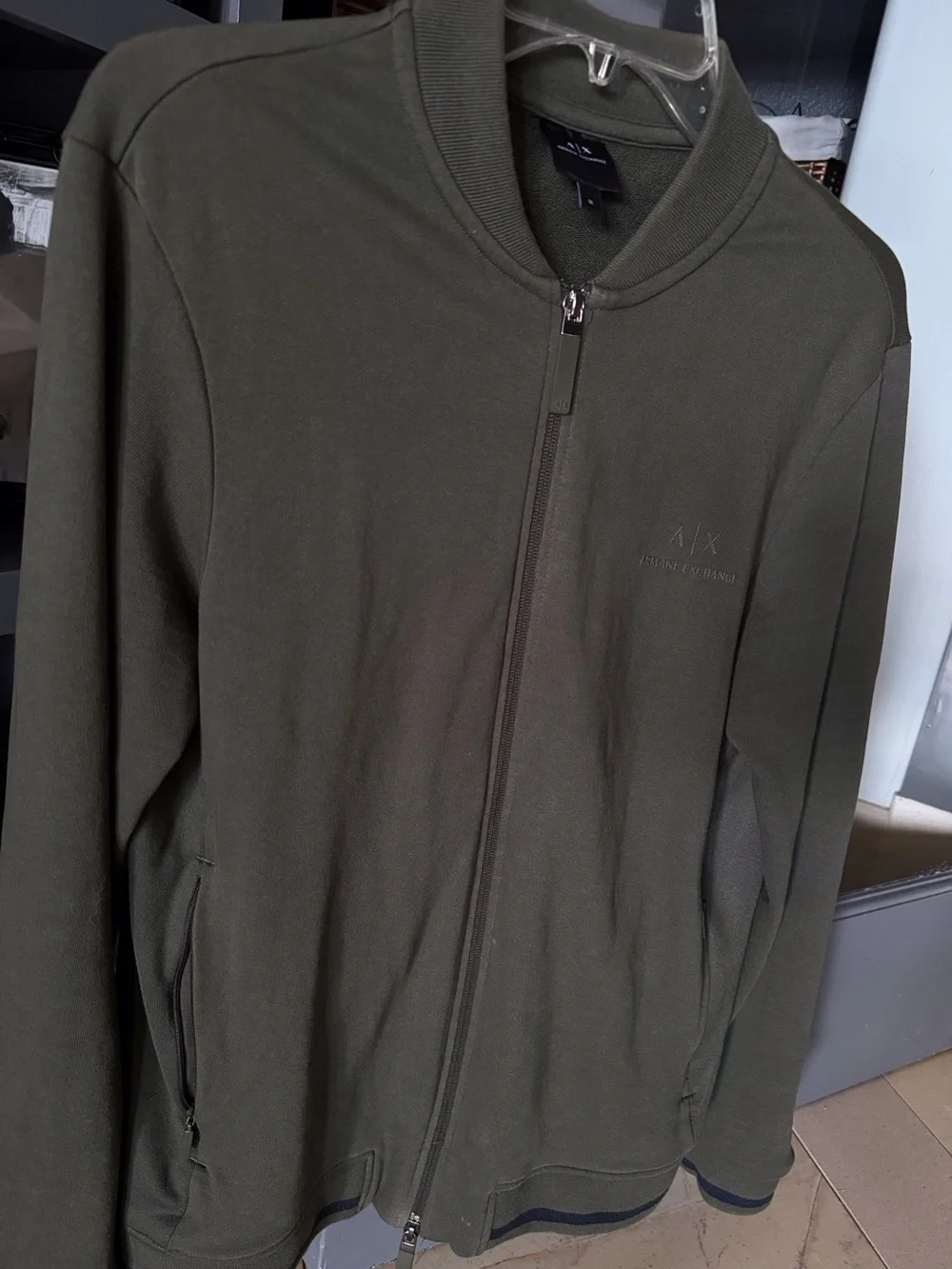 Armani Exchange Men's Dark Olive Green Full-Zip Knit Jacket